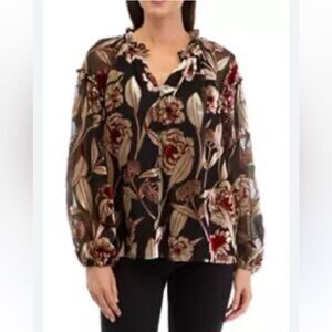 Cupio Women's Floral Long Sleeve Blouse - Black and Brown XL